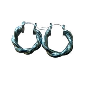 Metallic Blue Twisted Silver Hoop Earrings
